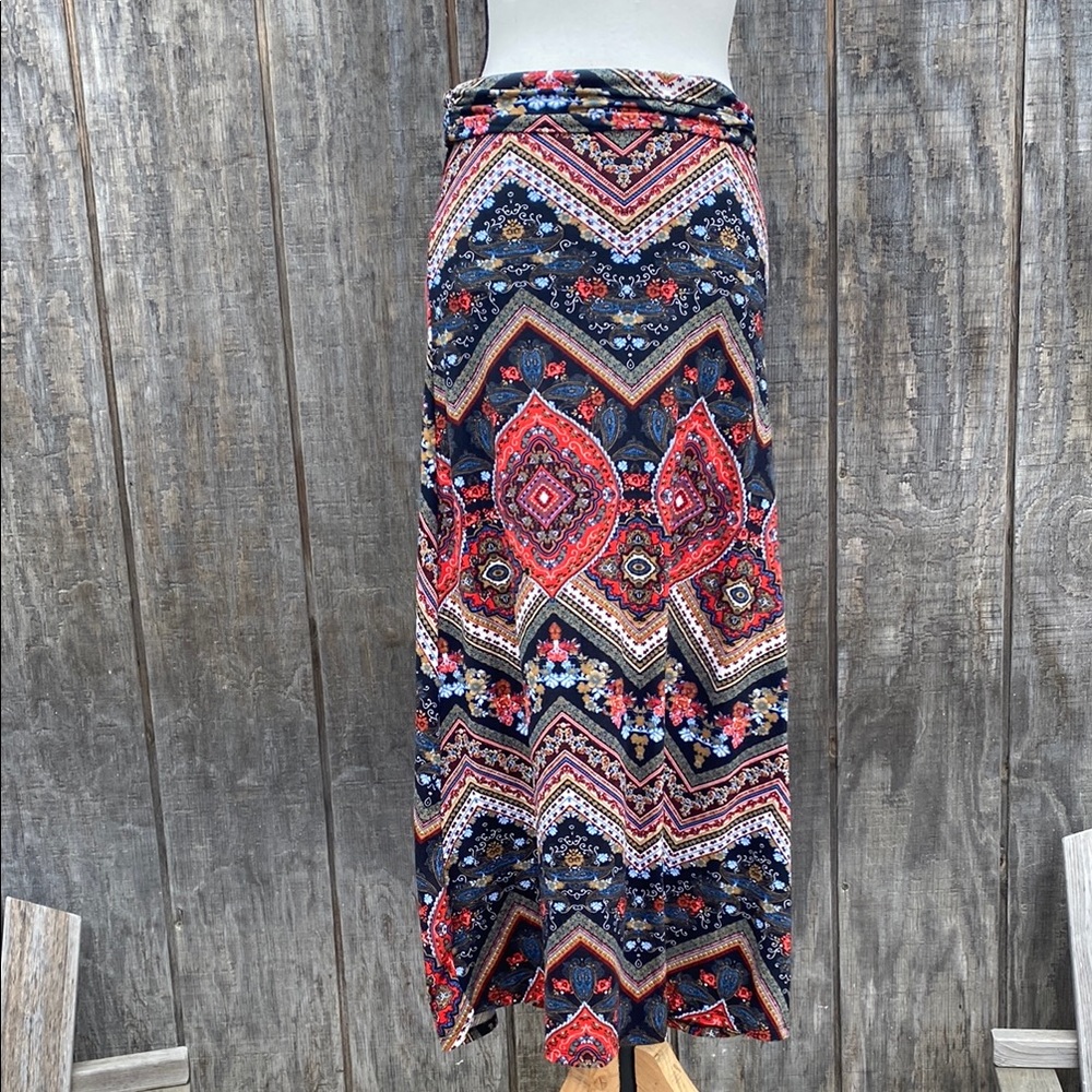 Vintage Boho Blue and Red Asymmetrical Pencil Midi Skirt Sz L Friday Los Angeles